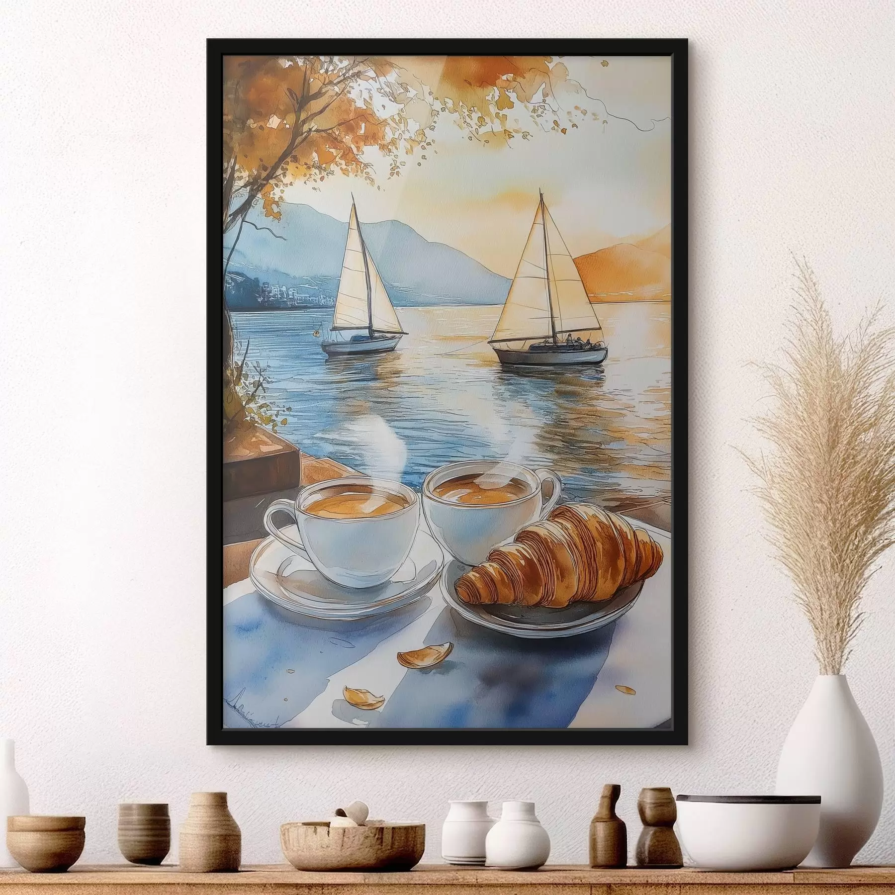 Fototapete Sonnenuntergang auf dem See, Segelboote, Tassen Kaffee, Aquarell-Stil f42442