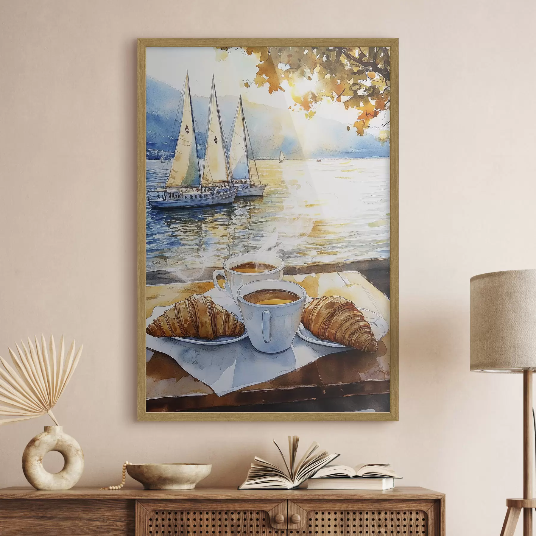 Fototapete Tassen Kaffee, Sonnenuntergang Farben, See, Segelboote, Natur, Reisen f42443