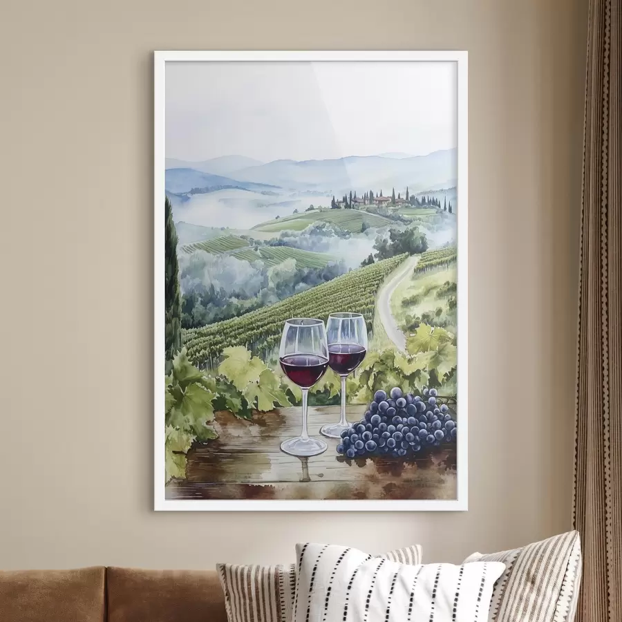 Fototapete Landschaft der Toskana, Weinberge, Weingläser, Aquarellstil f42445