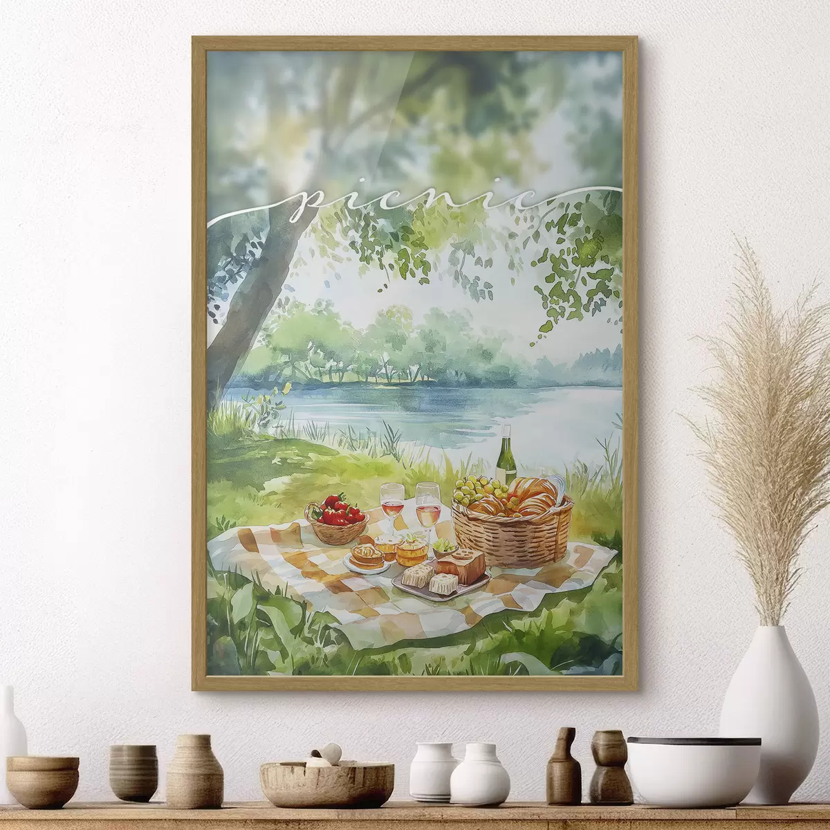 Poster Picknick-Ästhetik, Sommer Natur, See, romantisch, Aquarell-Stil f42450