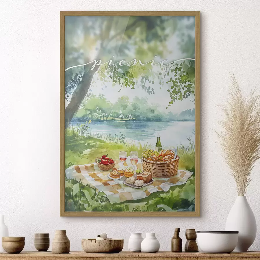 Fototapete Picknick-Ästhetik, Sommer Natur, See, romantisch, Aquarell-Stil f42450