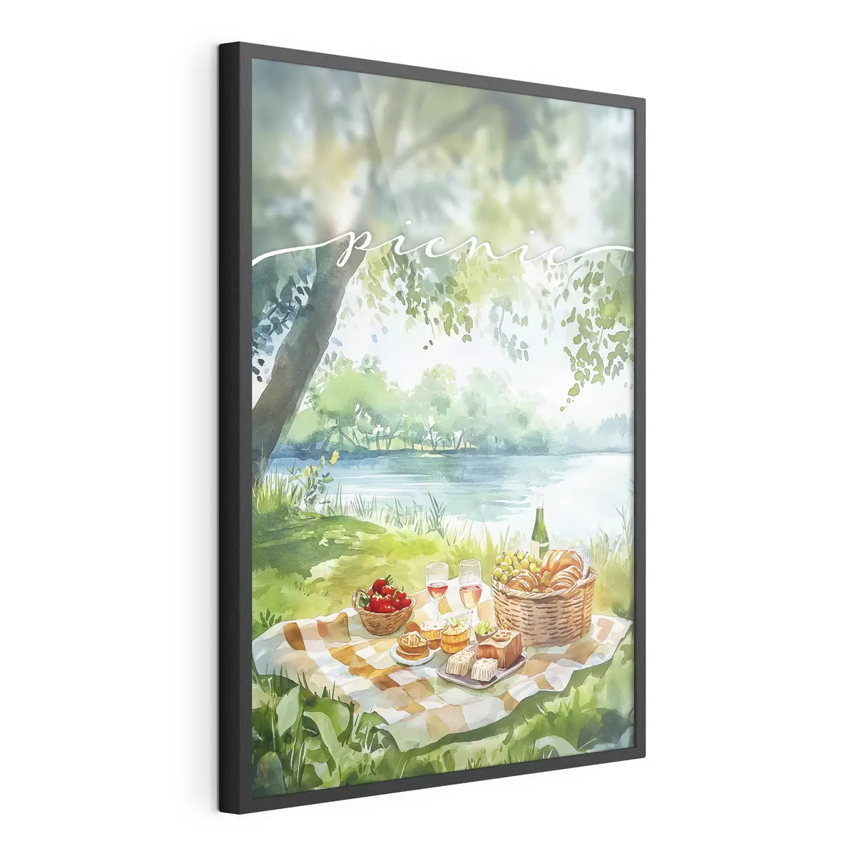 Poster Picknick-Ästhetik, Sommer Natur, See, romantisch, Aquarell-Stil f42450