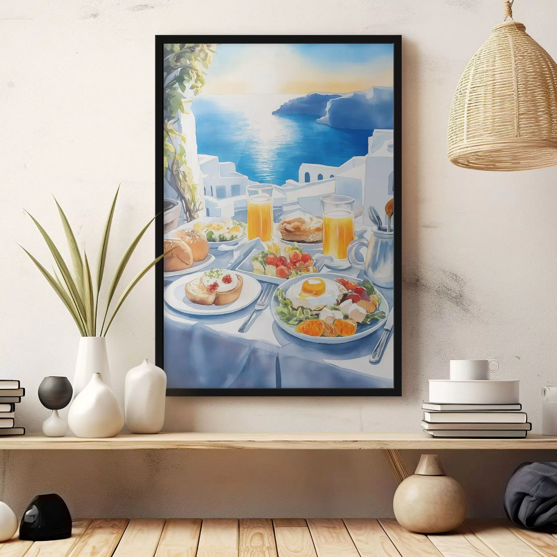 Fototapete Santorini Landschaften, Frühstück, Aquarellstil, alte Stadt f42454