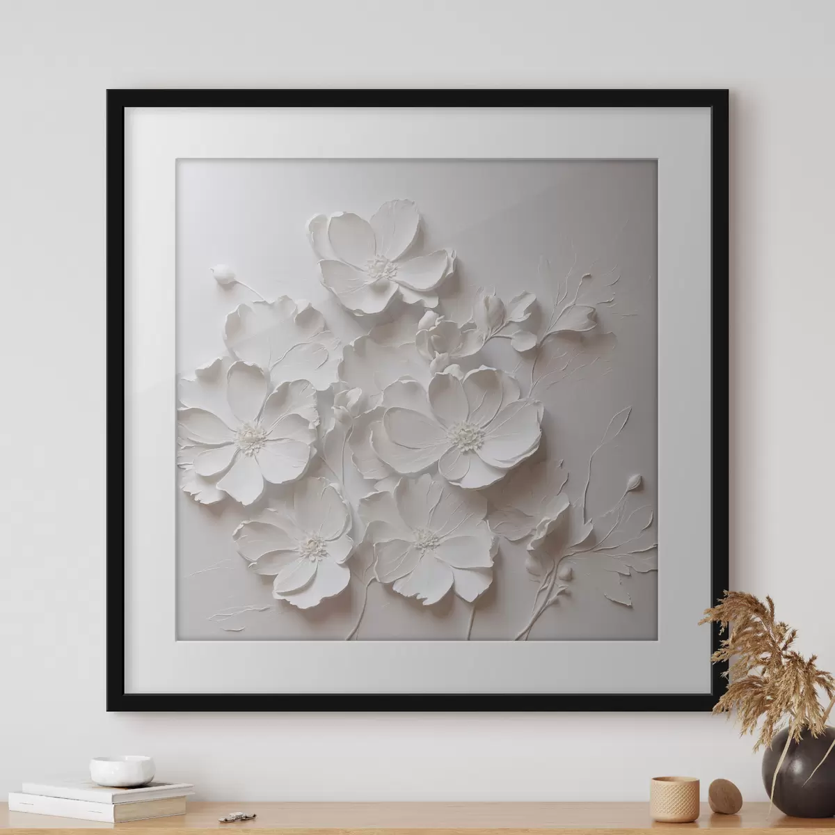 Poster Weiße Blumen auf weißem Hintergrund im Stil der Ölmalerei f42516