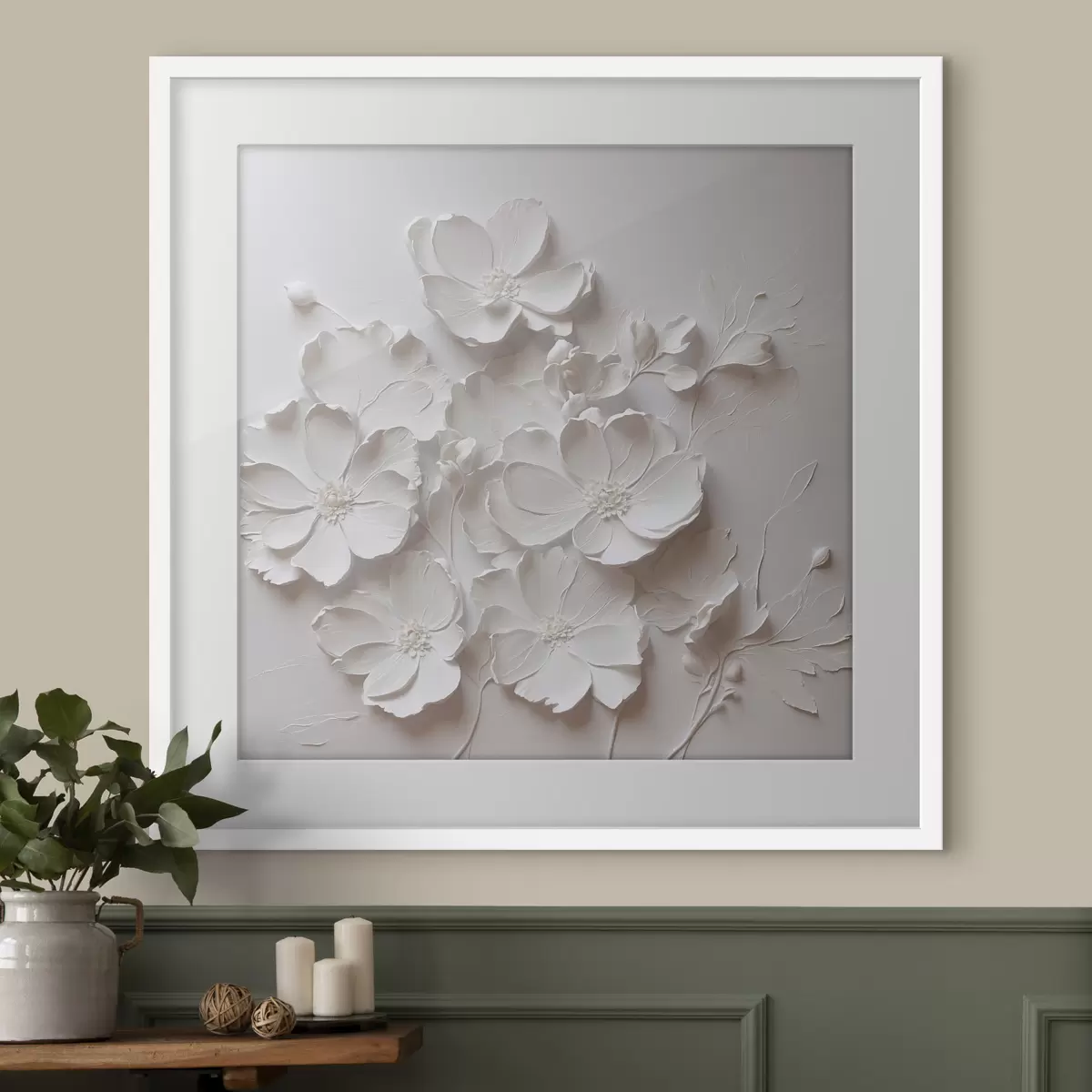 Poster Weiße Blumen auf weißem Hintergrund im Stil der Ölmalerei f42516