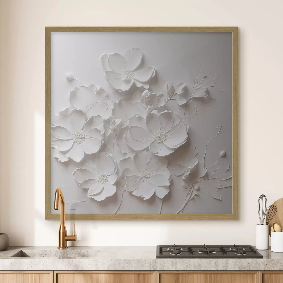 Poster Weiße Blumen auf weißem Hintergrund im Stil der Ölmalerei f42516