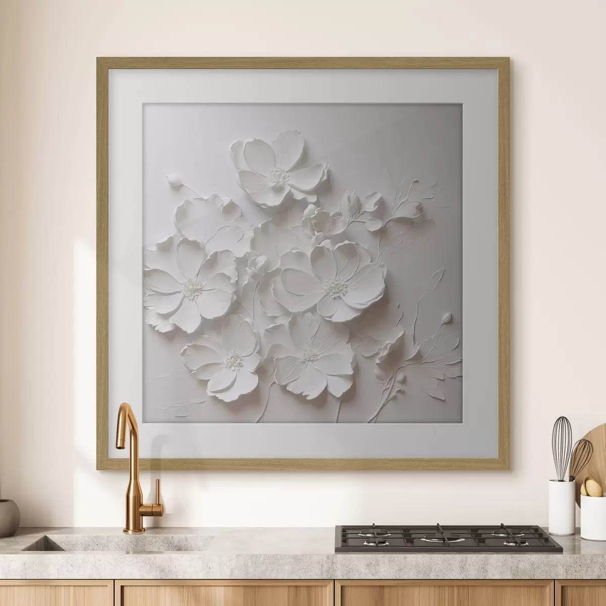Poster Weiße Blumen auf weißem Hintergrund im Stil der Ölmalerei f42516