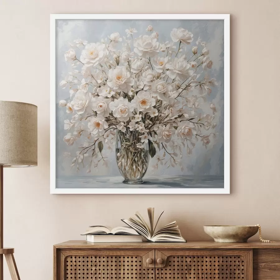 Fototapete Weiße Blumen in transparenter Vase in Acrylmalerei Stil f42545