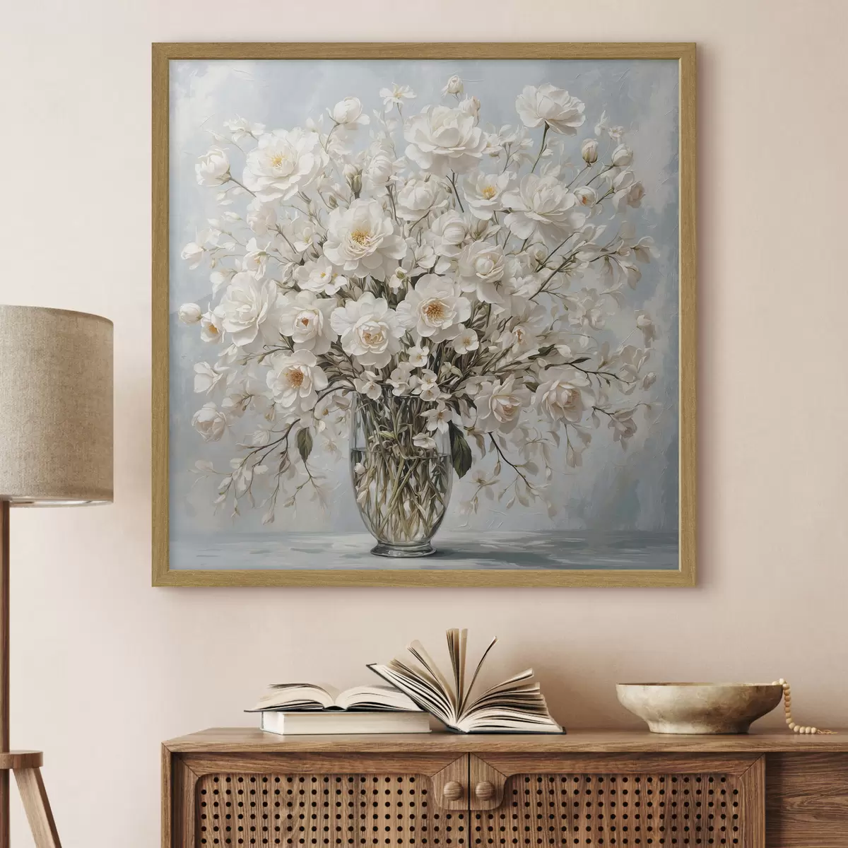 Poster Weiße Blumen in transparenter Vase in Acrylmalerei Stil f42545