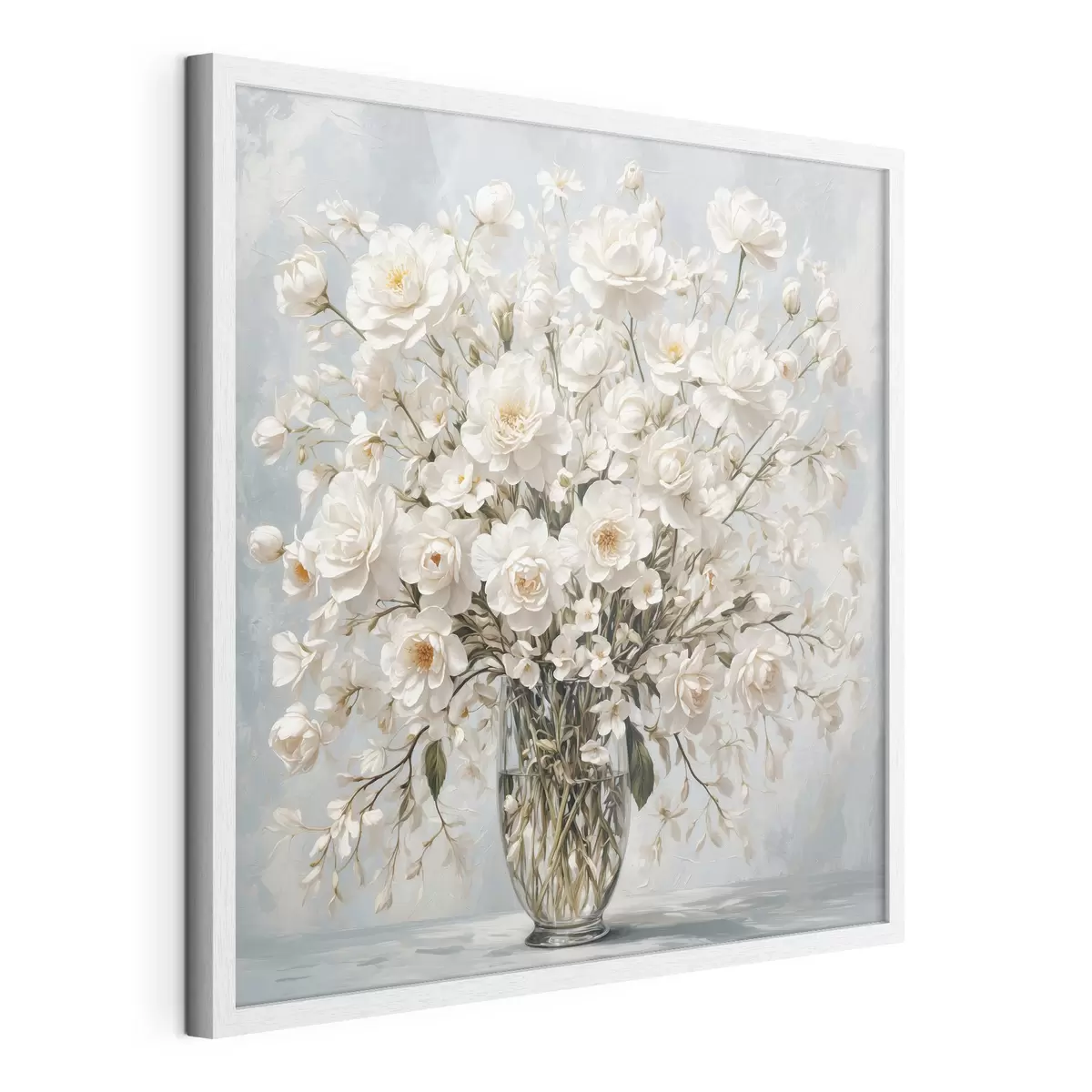 Poster Weiße Blumen in transparenter Vase in Acrylmalerei Stil f42545