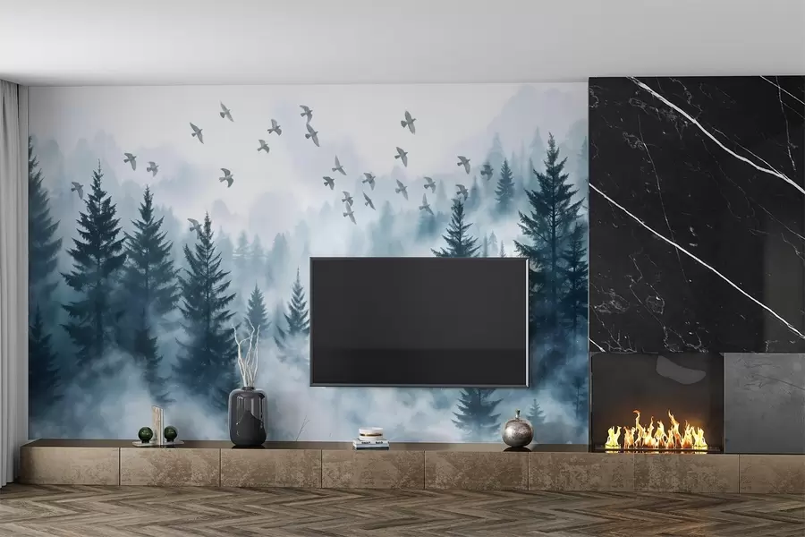 Fototapete Ruhiger nebliger Wald mit Bäumen in Blautönen und Vogelschwärmen, die in den Himmel fliegen  w08664