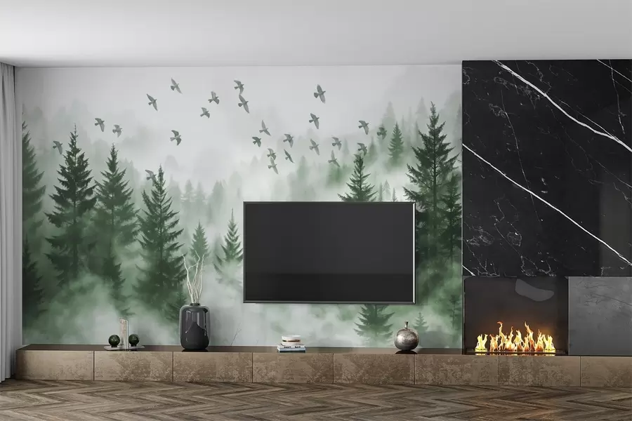 Fototapete Ruhiger nebliger Wald mit Bäumen in Grüntönen und Vogelschwärmen, die in den Himmel fliegen  w08664v1