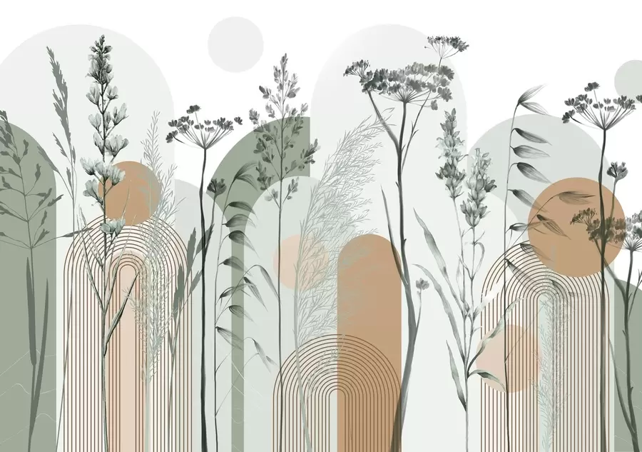 Fototapete Eine Sammlung von Pflanzen und Blumen in neutralen Tönen auf abstraktem Bogenhintergrund in sanften Grün- und Orangetönen w08665v1