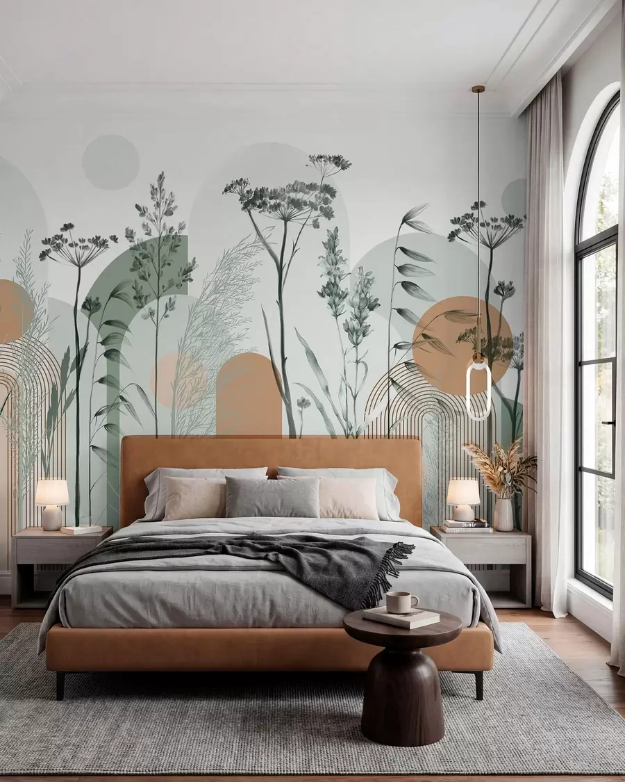 Fototapete Eine Sammlung von Pflanzen und Blumen in neutralen Tönen auf abstraktem Bogenhintergrund in sanften Grün- und Orangetönen w08665v1