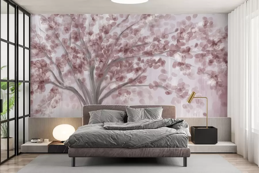 Fototapete Ein großer Baum mit weichen, abstrakten Blättern in Rosa auf einem hellen, neutralen Hintergrund, der die Farbtöne des Baums hervorhebt  w08669v2