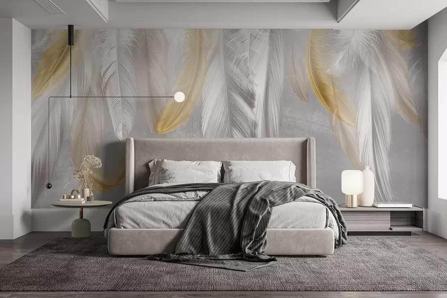 Fototapete Weiße und gelbe Federn hängen vor einem weichen grauen Hintergrund und bilden eine zarte und luftige Komposition w08670