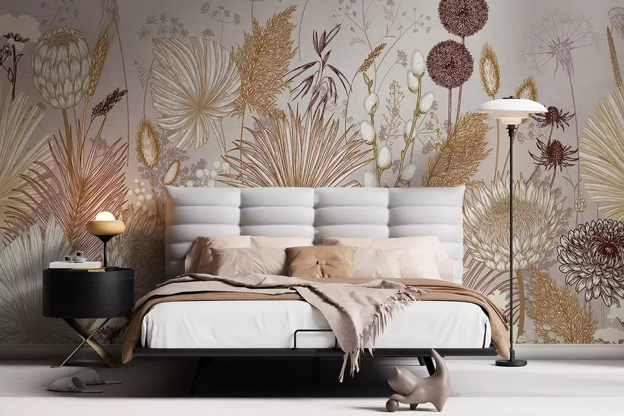 Fototapete Blumen und Pflanzen in warmen Beigetönen im botanischen Stil, die eine Vielzahl von Formen und Texturen aufweisen  w08672