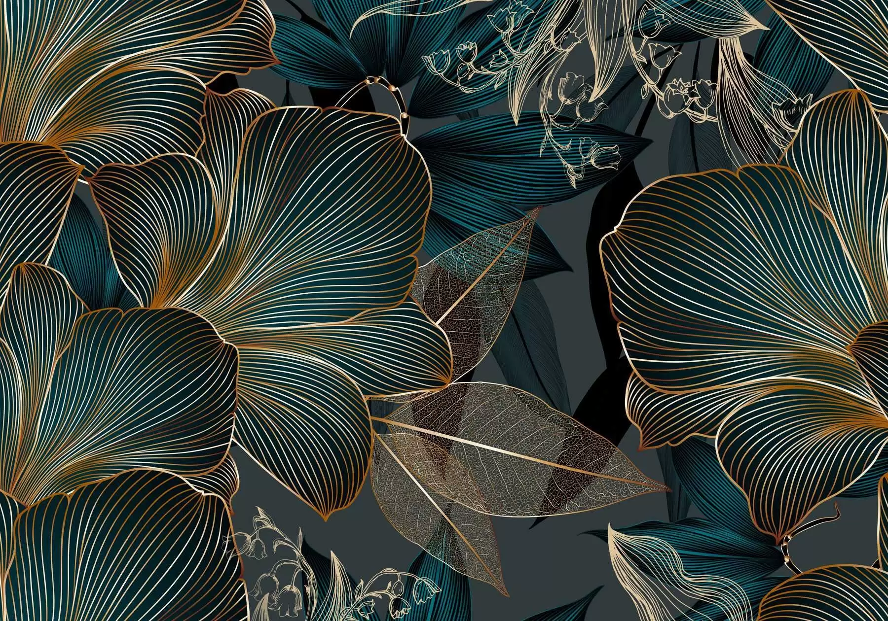 Fototapete Stilisierte Blumen und Blätter mit komplizierter Linienführung in Teal- und Gelbtönen auf dunklem Hintergrund w08675