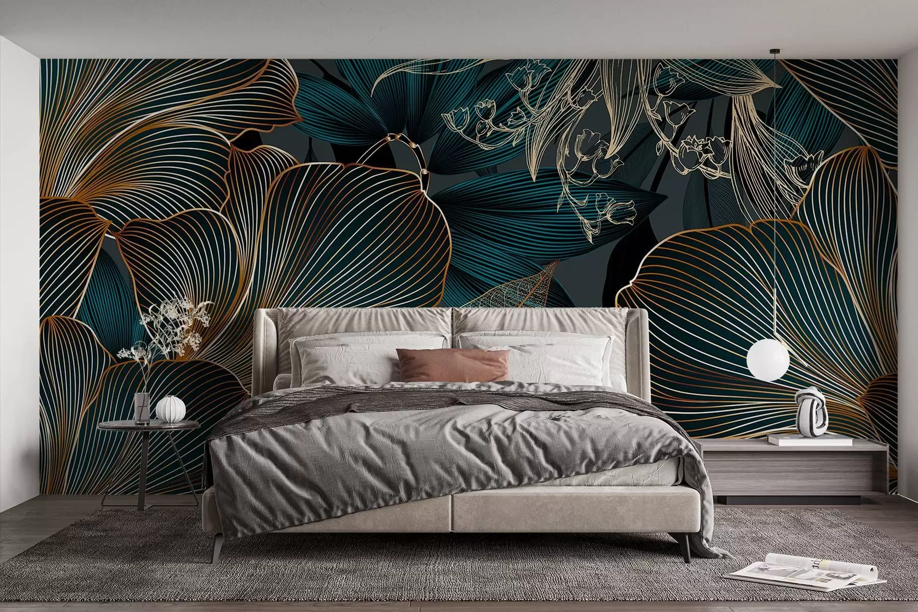 Fototapete Stilisierte Blumen und Blätter mit komplizierter Linienführung in Teal- und Gelbtönen auf dunklem Hintergrund w08675