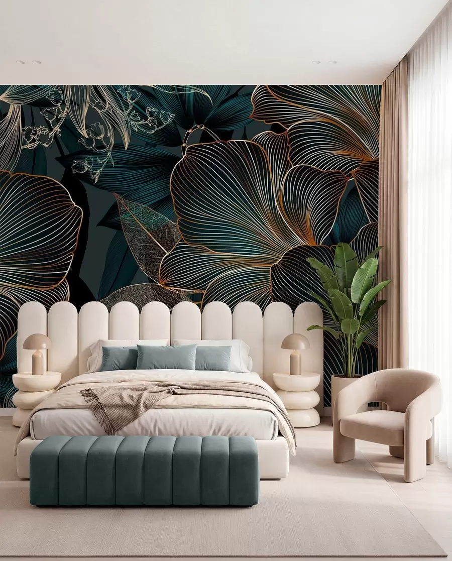 Fototapete Stilisierte Blumen und Blätter mit komplizierter Linienführung in Teal- und Gelbtönen auf dunklem Hintergrund w08675