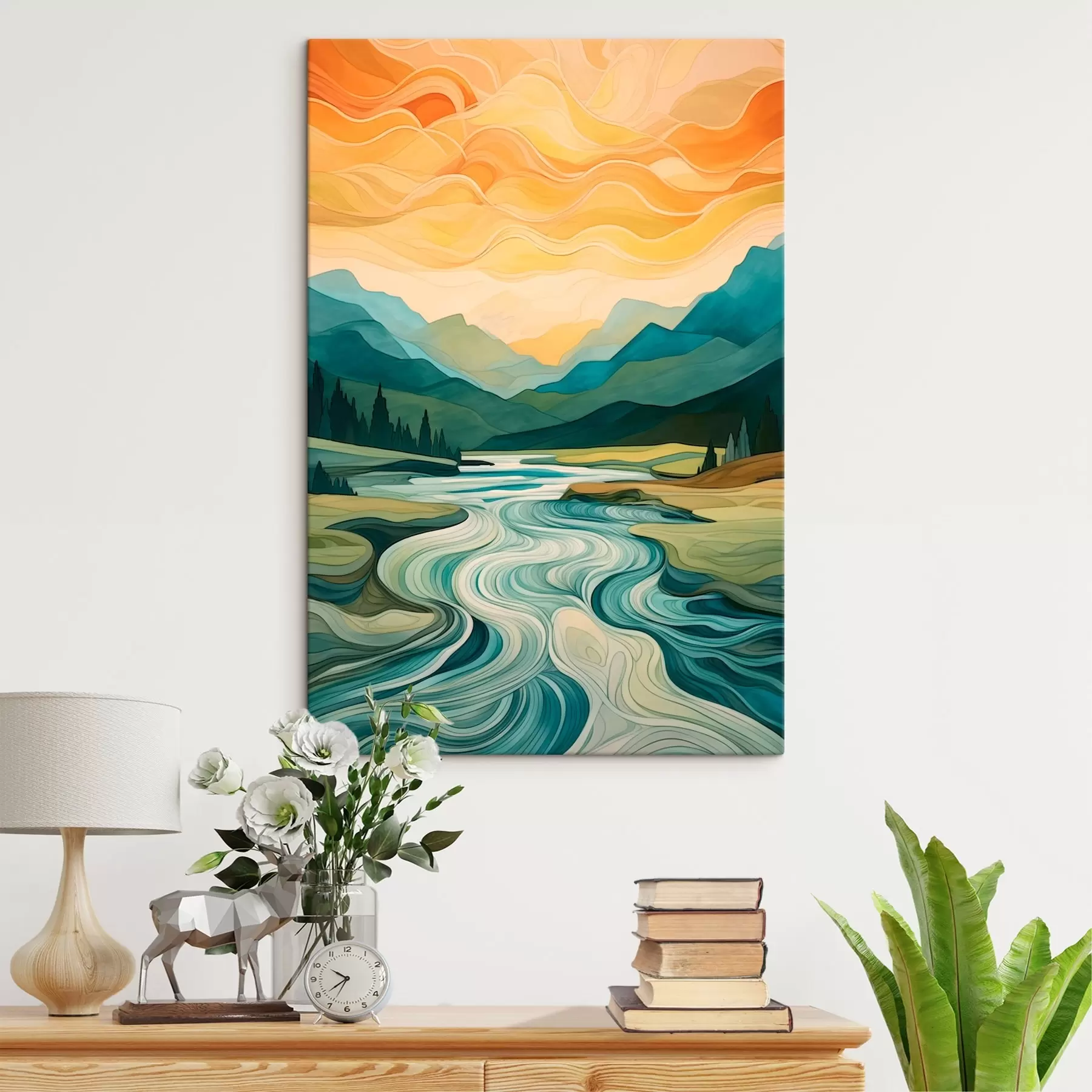 Fototapete Landschaft mit Fluss in abstraktem Stil s42652