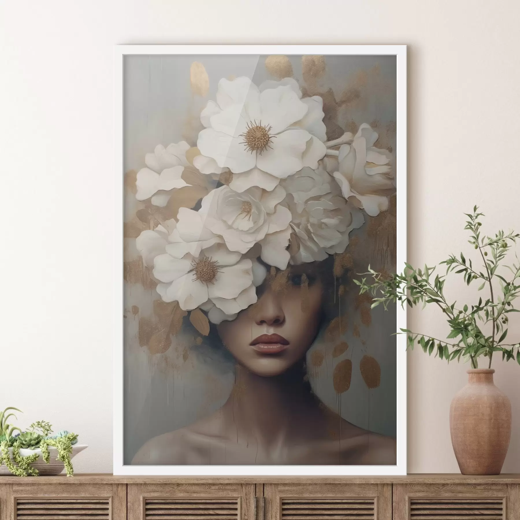 Fototapete Porträt mit weißen Blumen f42664
