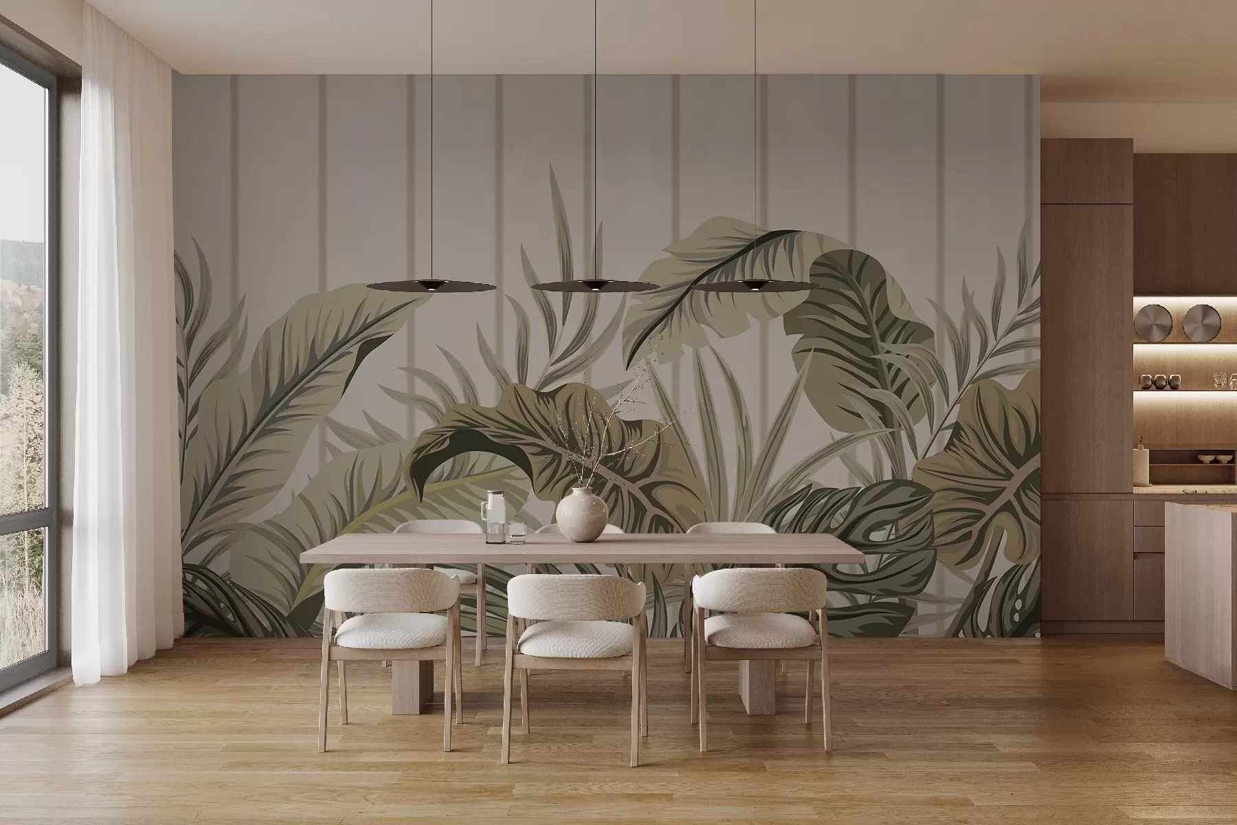 Fototapete Tropisches Laubmuster in gedämpften Grün- und Beigetönen auf hellem Hintergrund mit vertikalen Linien w08683