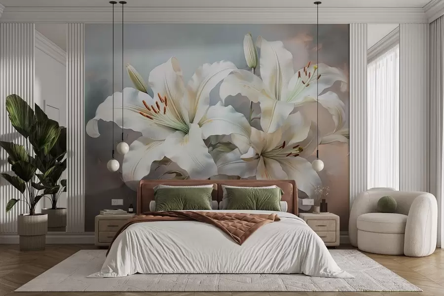 Fototapete Elegante weiße Lilien in Pastelltönen mit einer Textur, die Pinselstriche imitiert w08678
