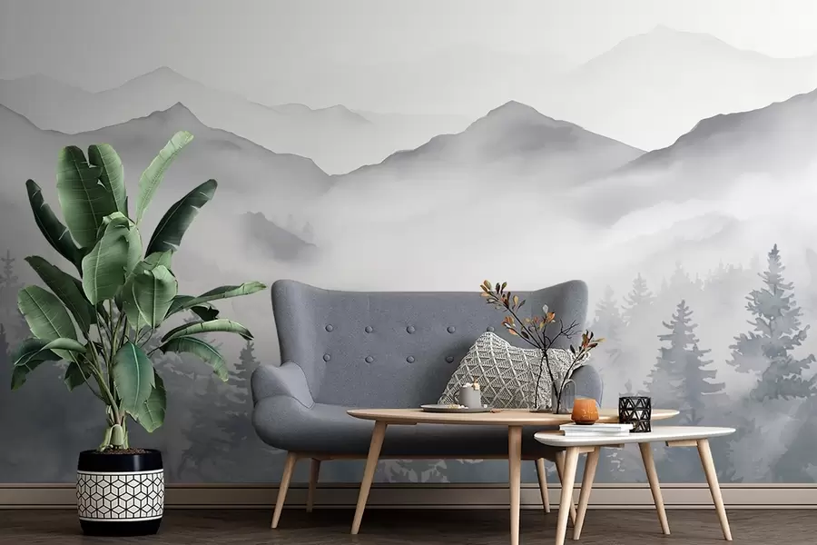 Fototapete Gelassene Berglandschaft mit nebligen Wäldern in sanften Grau- und Blautönen w08680