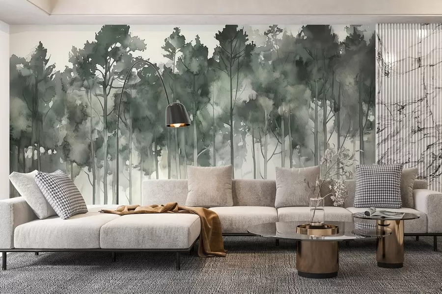 Fototapete Aquarell-Stil Wald, Kiefern, Natur Landschaft, grüne Farben w02937