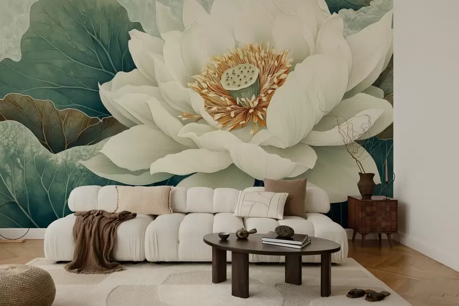 Fototapete Große Seerose vor einem Hintergrund aus Blättern w02905