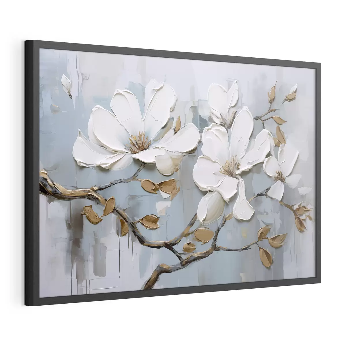 Poster Weiße Magnolienblüten mit strukturierten Blütenblättern und braunen Blättern auf einem weichen blauen Hintergrund Ölgemälde Imitation f42711