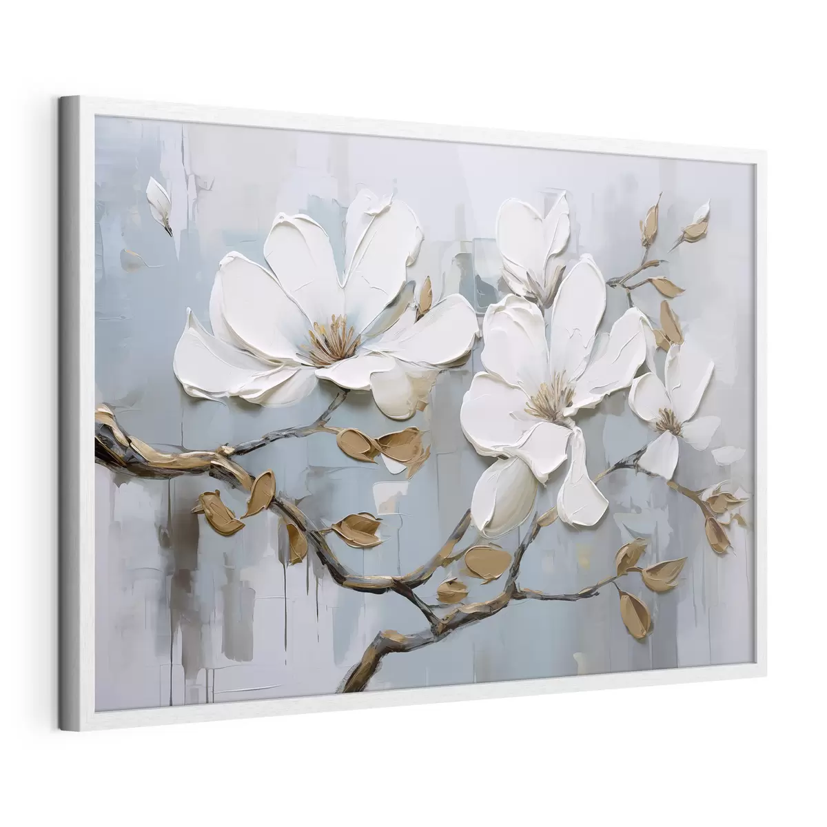 Poster Weiße Magnolienblüten mit strukturierten Blütenblättern und braunen Blättern auf einem weichen blauen Hintergrund Ölgemälde Imitation f42711
