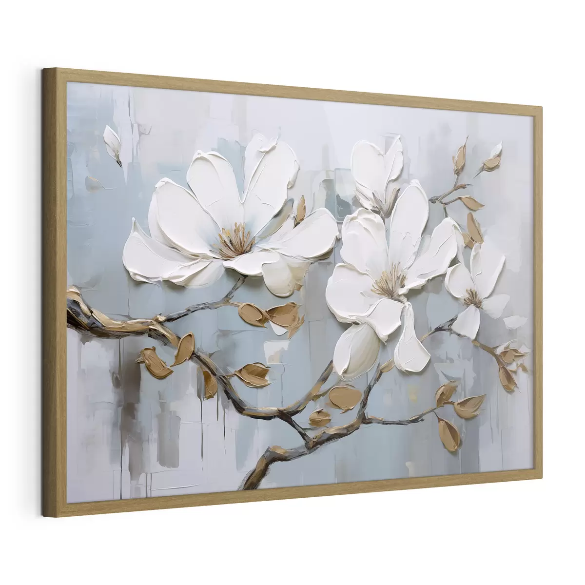 Poster Weiße Magnolienblüten mit strukturierten Blütenblättern und braunen Blättern auf einem weichen blauen Hintergrund Ölgemälde Imitation f42711