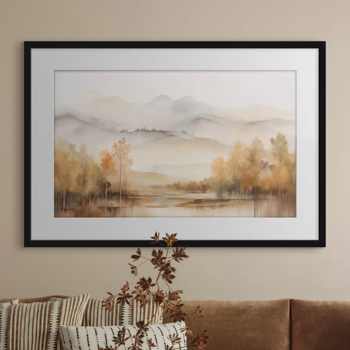 Poster Landschaft mit sanften Bergen, einem ruhigen See, in dem sich die Szenerie spiegelt, und Bäumen mit orangefarbenem Laub f42716