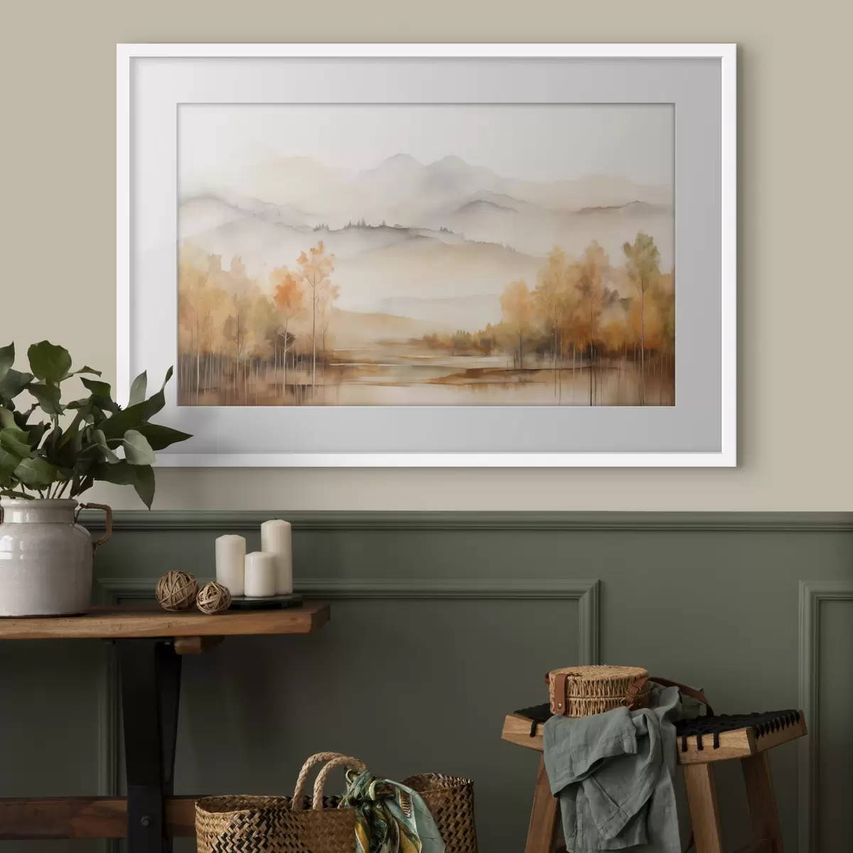 Poster Landschaft mit sanften Bergen, einem ruhigen See, in dem sich die Szenerie spiegelt, und Bäumen mit orangefarbenem Laub f42716