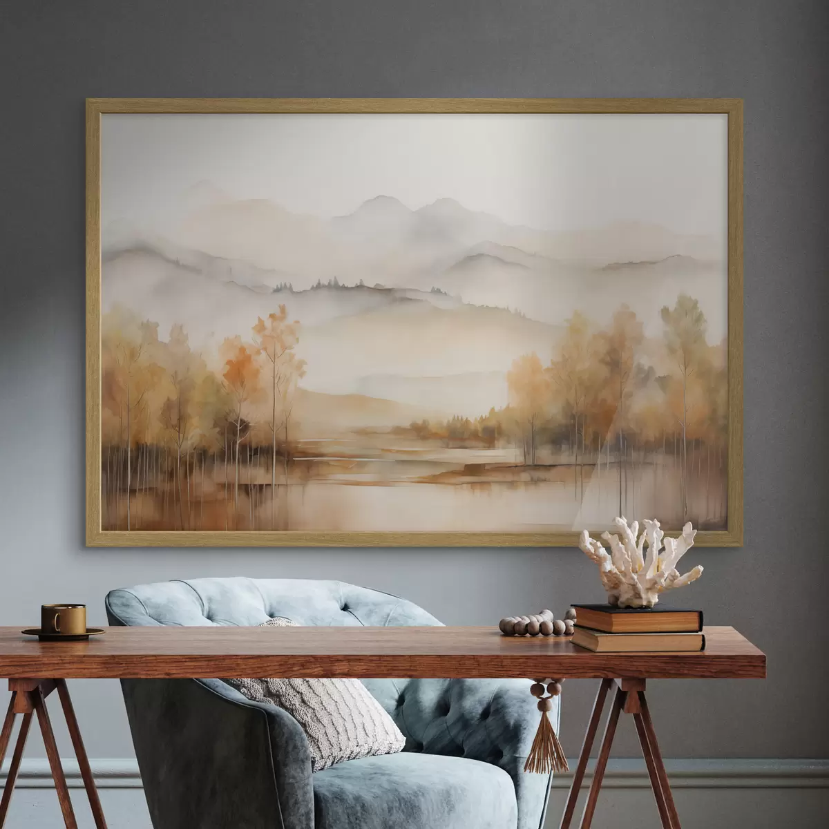Poster Landschaft mit sanften Bergen, einem ruhigen See, in dem sich die Szenerie spiegelt, und Bäumen mit orangefarbenem Laub f42716