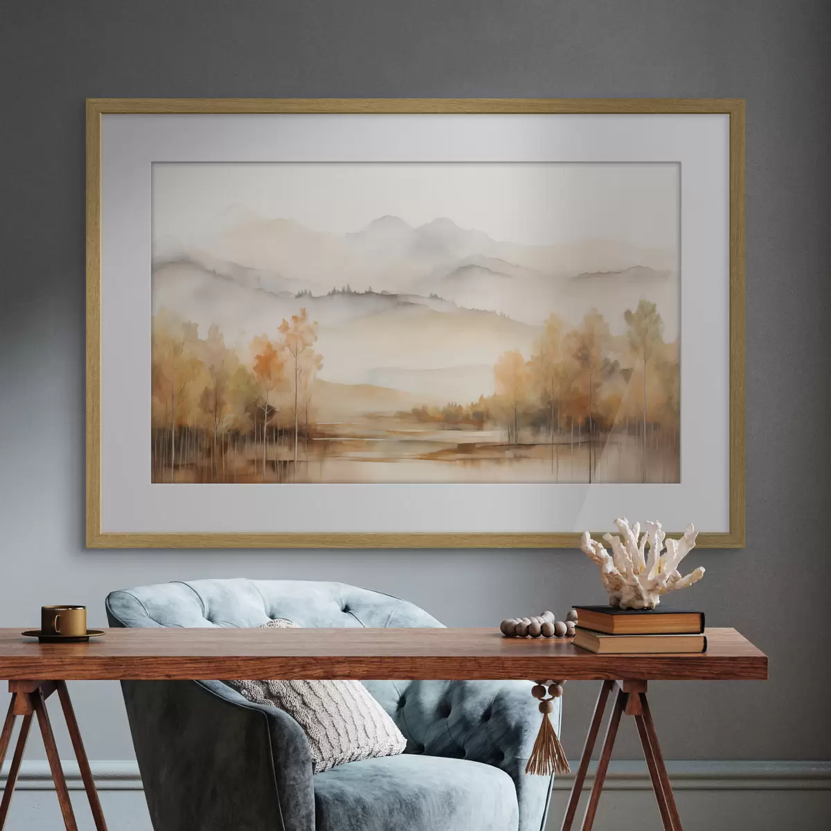 Poster Landschaft mit sanften Bergen, einem ruhigen See, in dem sich die Szenerie spiegelt, und Bäumen mit orangefarbenem Laub f42716