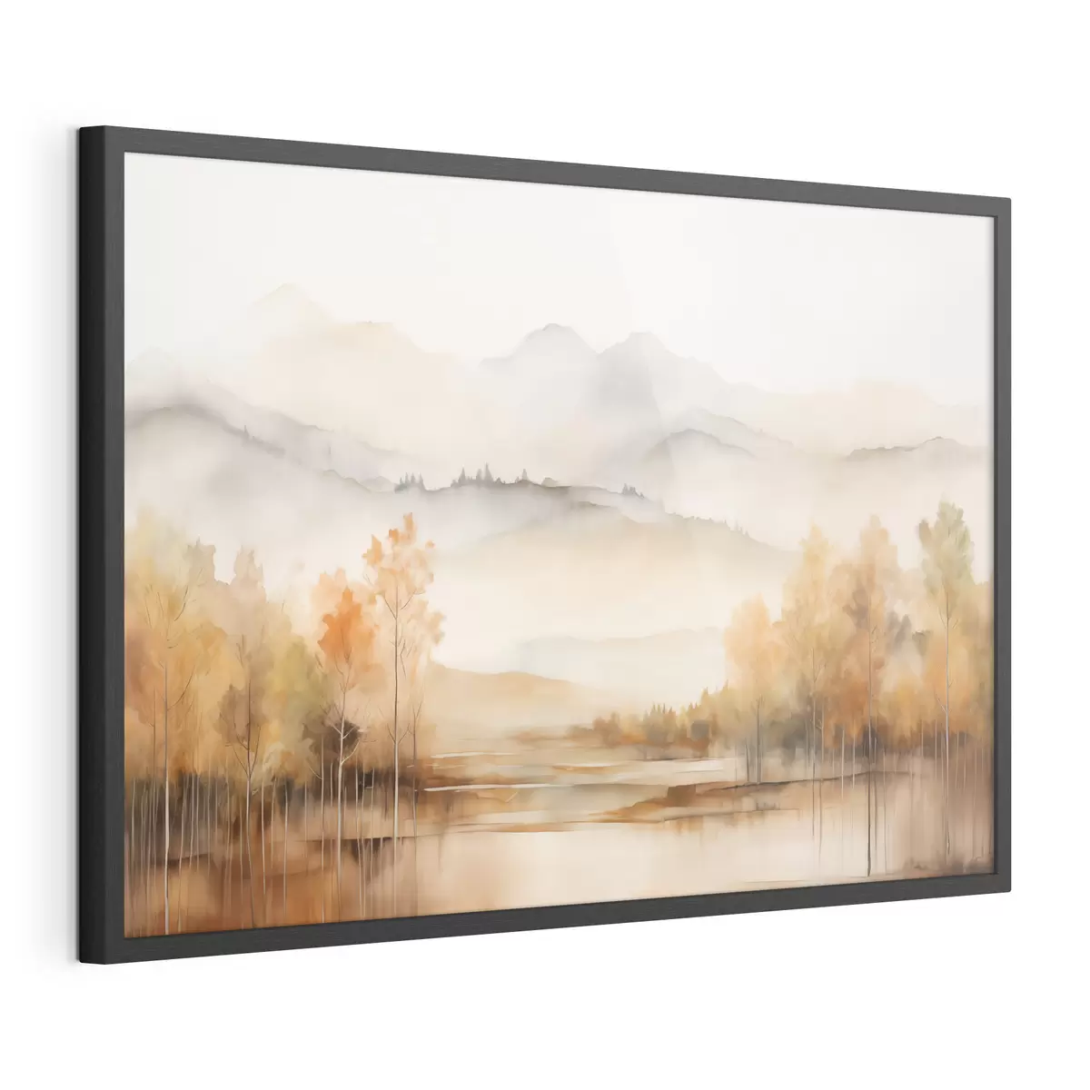 Poster Landschaft mit sanften Bergen, einem ruhigen See, in dem sich die Szenerie spiegelt, und Bäumen mit orangefarbenem Laub f42716