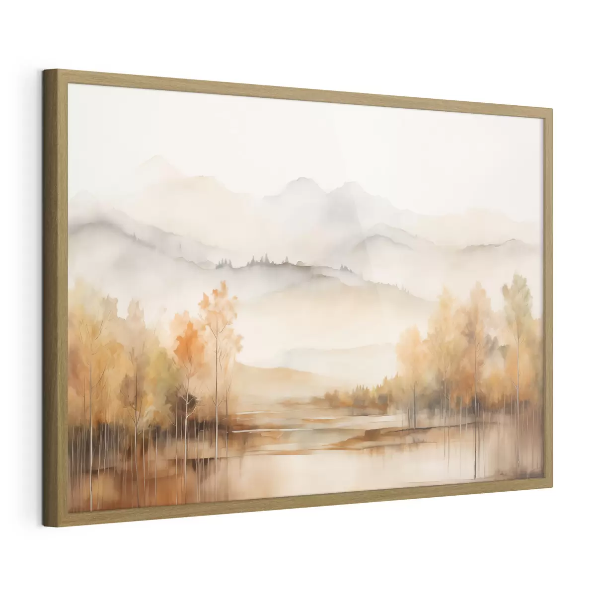 Poster Landschaft mit sanften Bergen, einem ruhigen See, in dem sich die Szenerie spiegelt, und Bäumen mit orangefarbenem Laub f42716