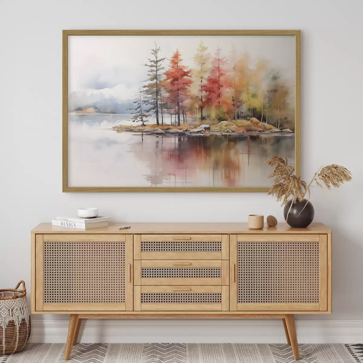 Poster Aquarellartige Landschaft mit einem See, umgeben von Bäumen in leuchtenden Herbstfarben f42727