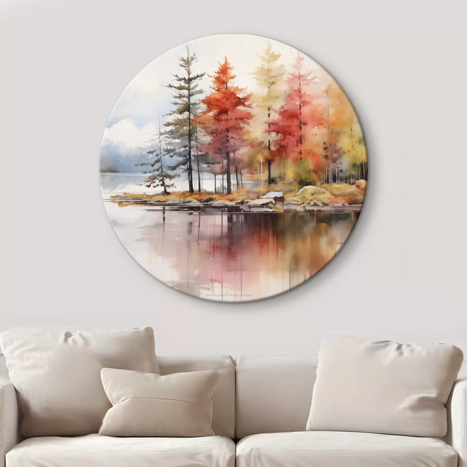 Fototapete Aquarellartige Landschaft mit einem See, umgeben von Bäumen in leuchtenden Herbstfarben r42727