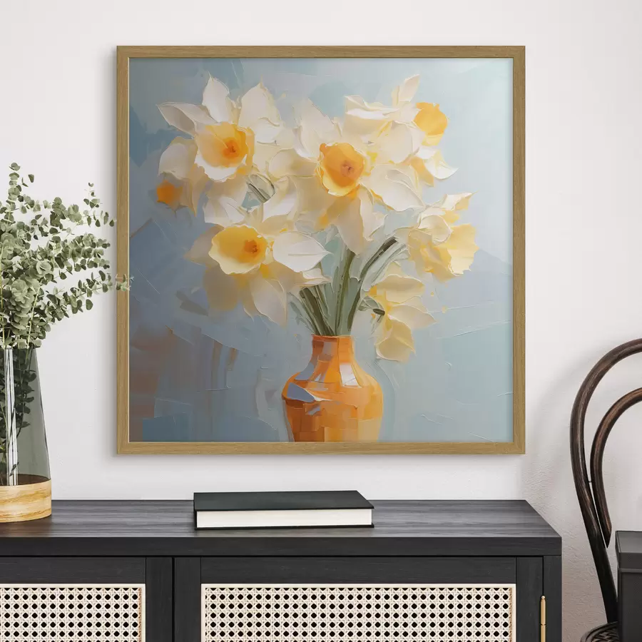 Fototapete Blumenstrauß von Narzissen in einer Vase Nachahmung der Malerei f42749