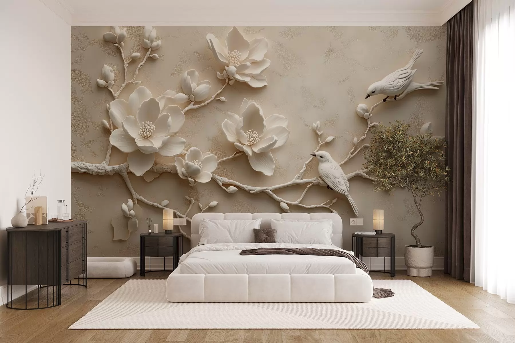 Fototapete 3D-Magnolienzweige mit Vögeln darauf w08690