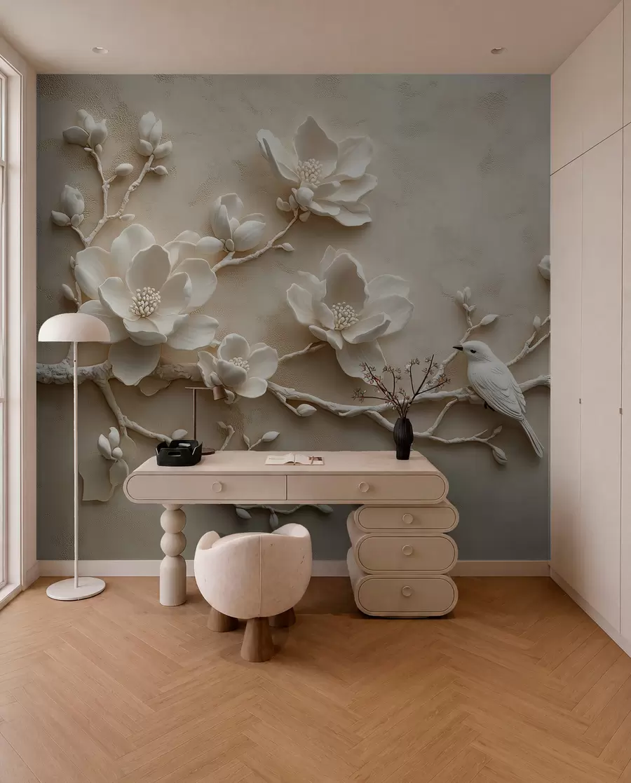 Fototapete 3D-Magnolienzweige mit Vögeln darauf w08690