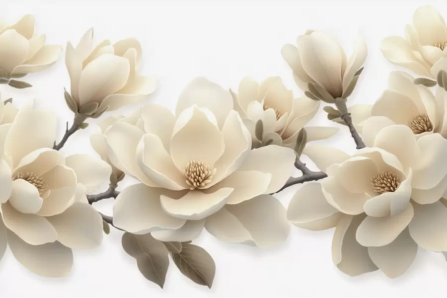 Fototapete Beige blühende Magnolienblüten in einem cremefarbenen Ton auf weißem Hintergrund w08692