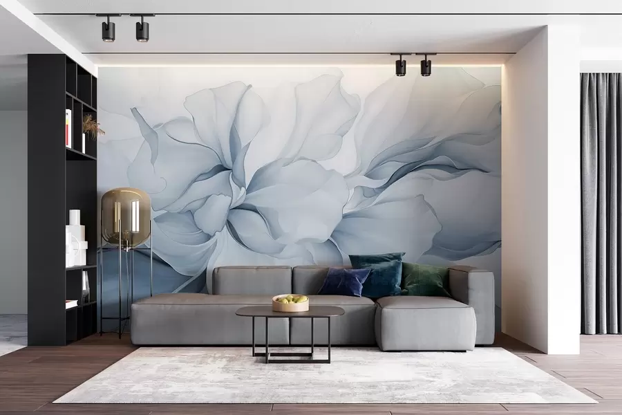 Fototapete Fließende abstrakte Blütenblätter durchscheinende und geschichtete Formen in Pastellfarben, in Blautönen w08701v2