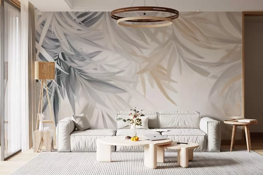 Fototapete Weiche, fließende, helle tropische Blätter in Grau- und Pfirsichtönen, die in einen hellen, neutralen Druck übergehen w08703