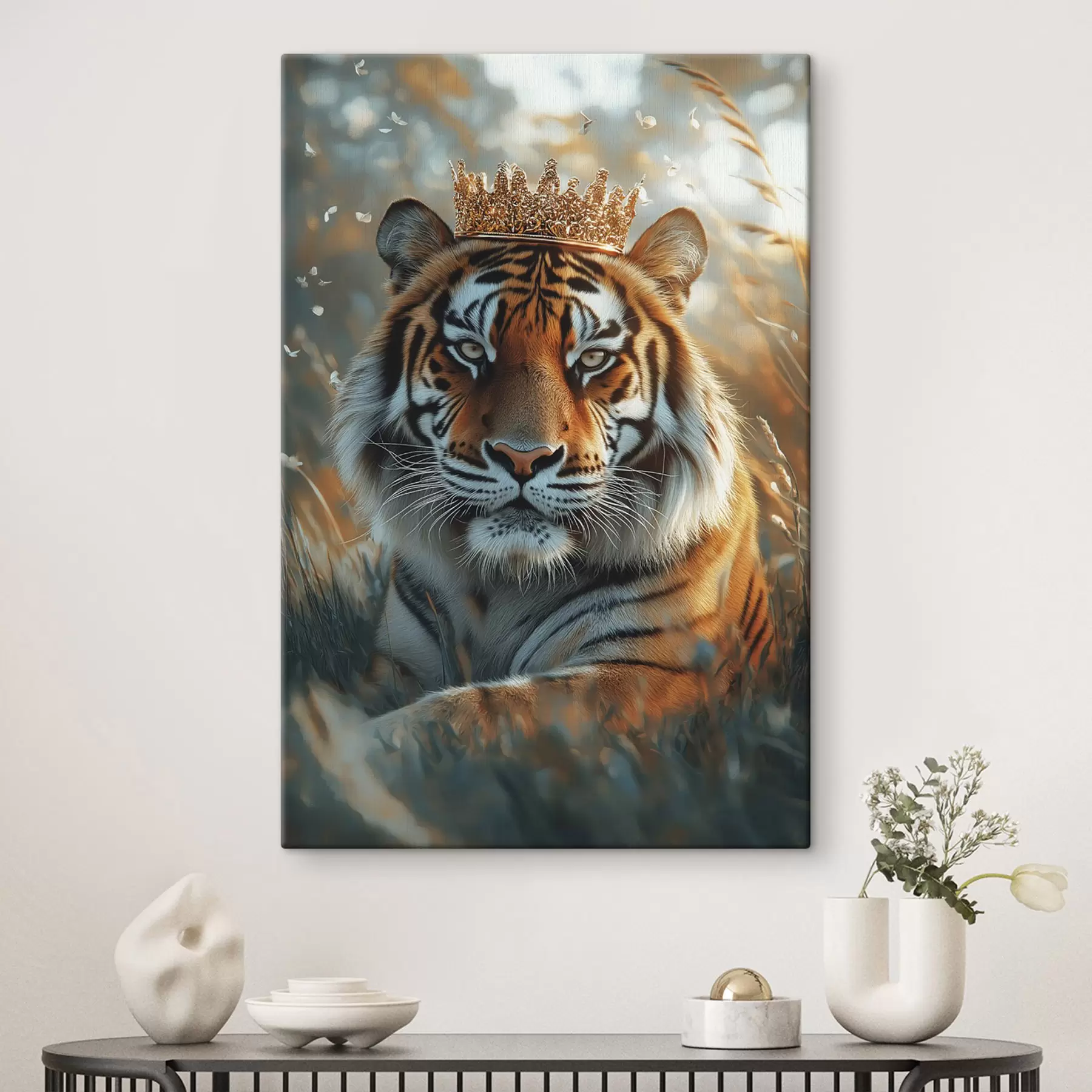 Fototapete Schöner Tiger mit goldener Krone, Sommerwiese, Realismus s42786