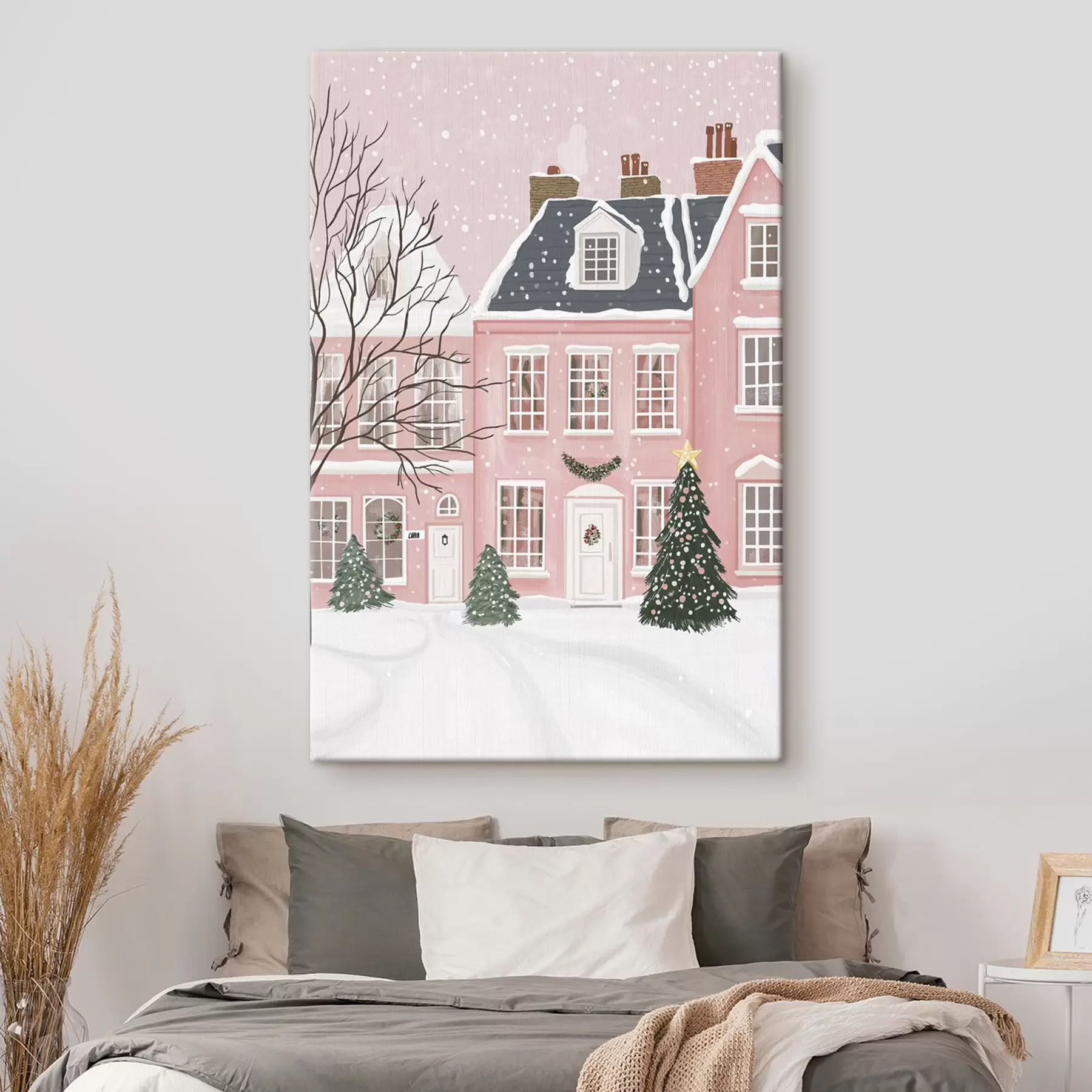 Fototapete Hübsche rosa Häuser, Kiefern, Winterlandschaften  s42791